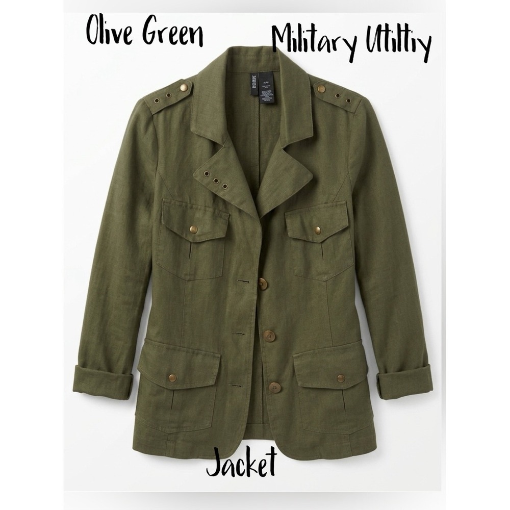 Olive Green Military Utility Cargo Jacket Solid Fall Transitional Piece Bisou